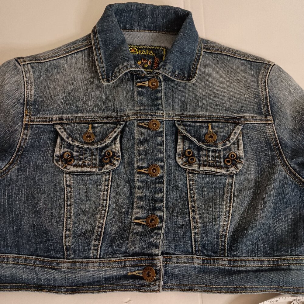 Star Jeans Jacket Y2K Cropped Denim Blue Button Pockets Women's Size S - Picture 5 of 16